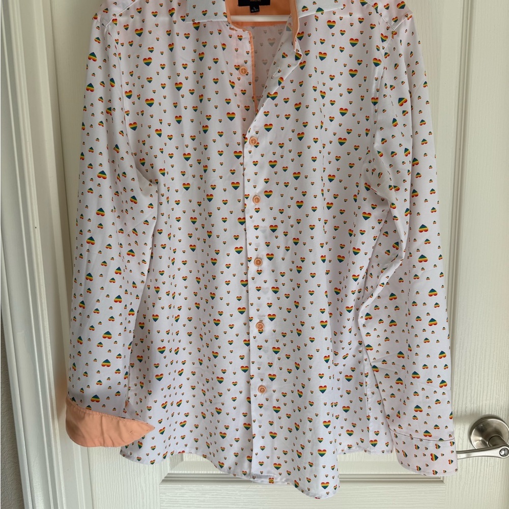 Tom Baine Slim Fit Peach Button-Up with Rainbow Heart Lining